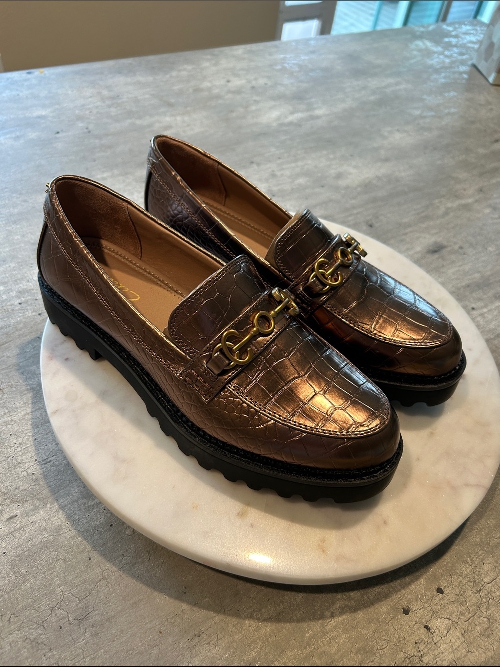 Circus by Sam Edelman Metallic Bronze Croc-Embossed Loafers with Gold Hardware